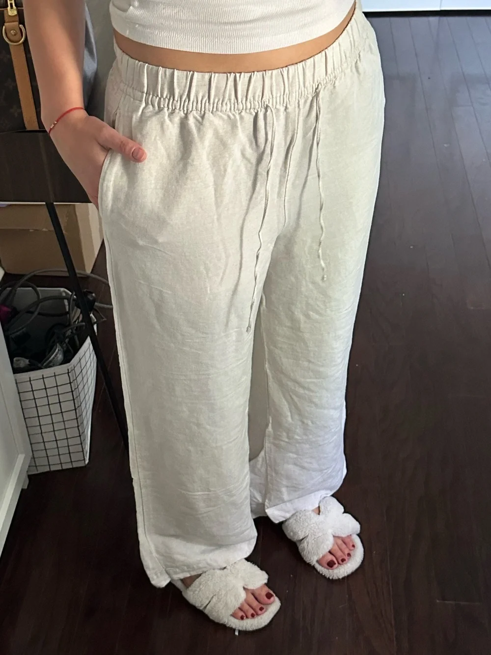 H&M Cream Wide-Leg Linen Drawstring Pants